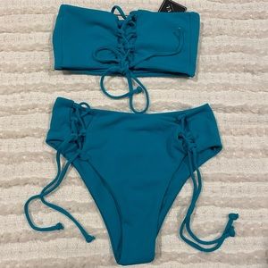 Zaful Teal High Waisted Reversible Bandeau Top Swimsuit Set